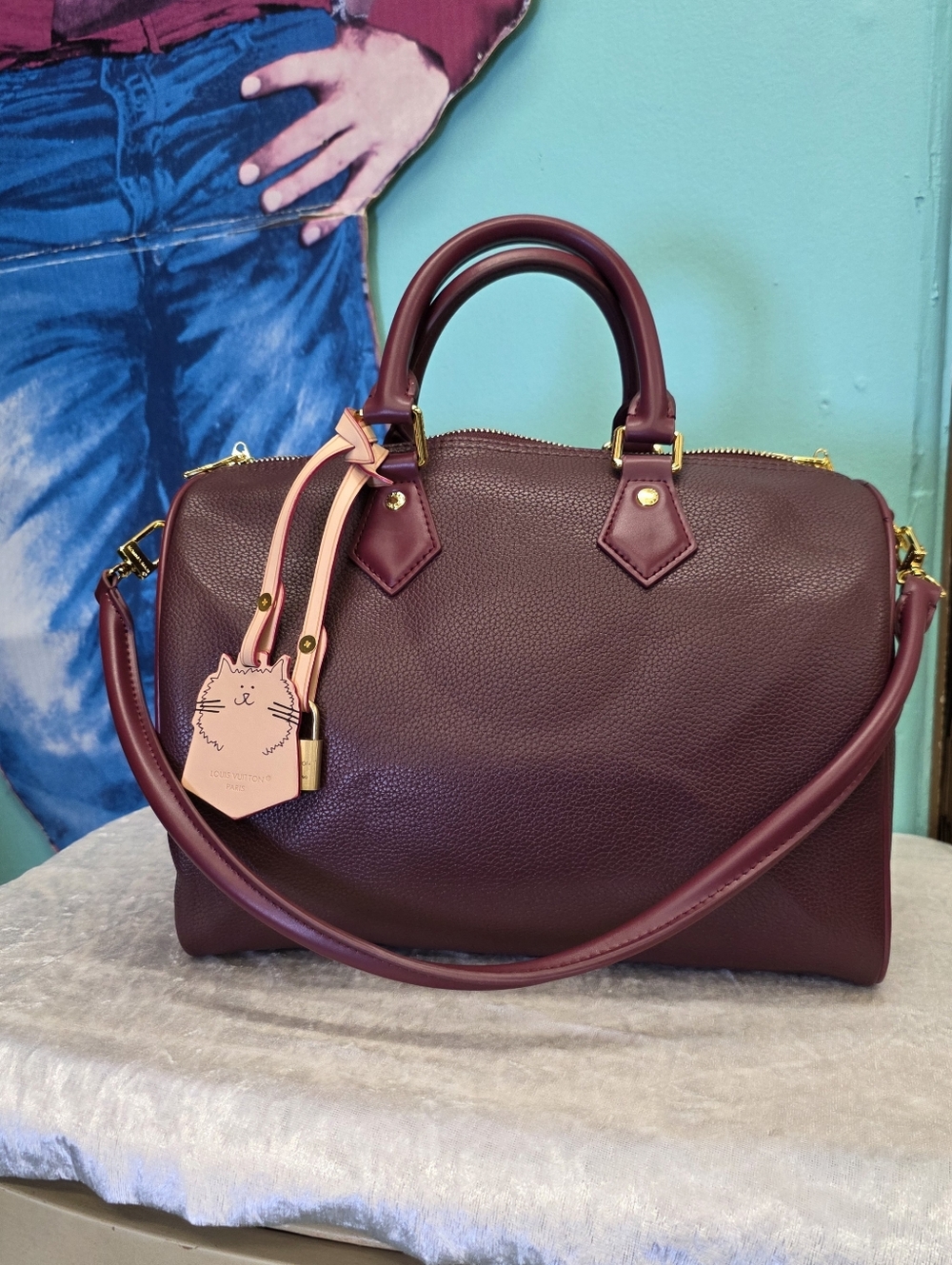 30 Speedy Soft Burgundy Leather Satchel Bag with Pink Cat Tag